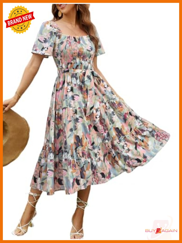 Women's Boho Flowy Long Sleeve Square Neck Floral Midi Dress Smocked Spring